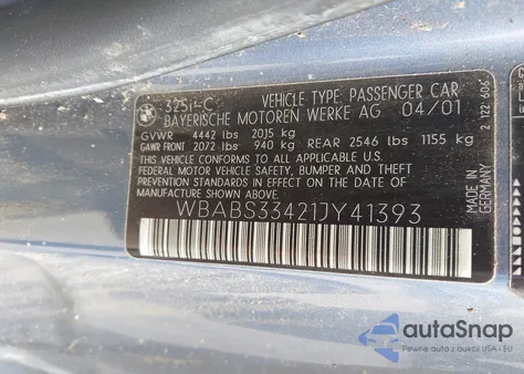 2001 BMW 325Ci z USA, uszkodzony, nr VIN WBABS33421JY41393